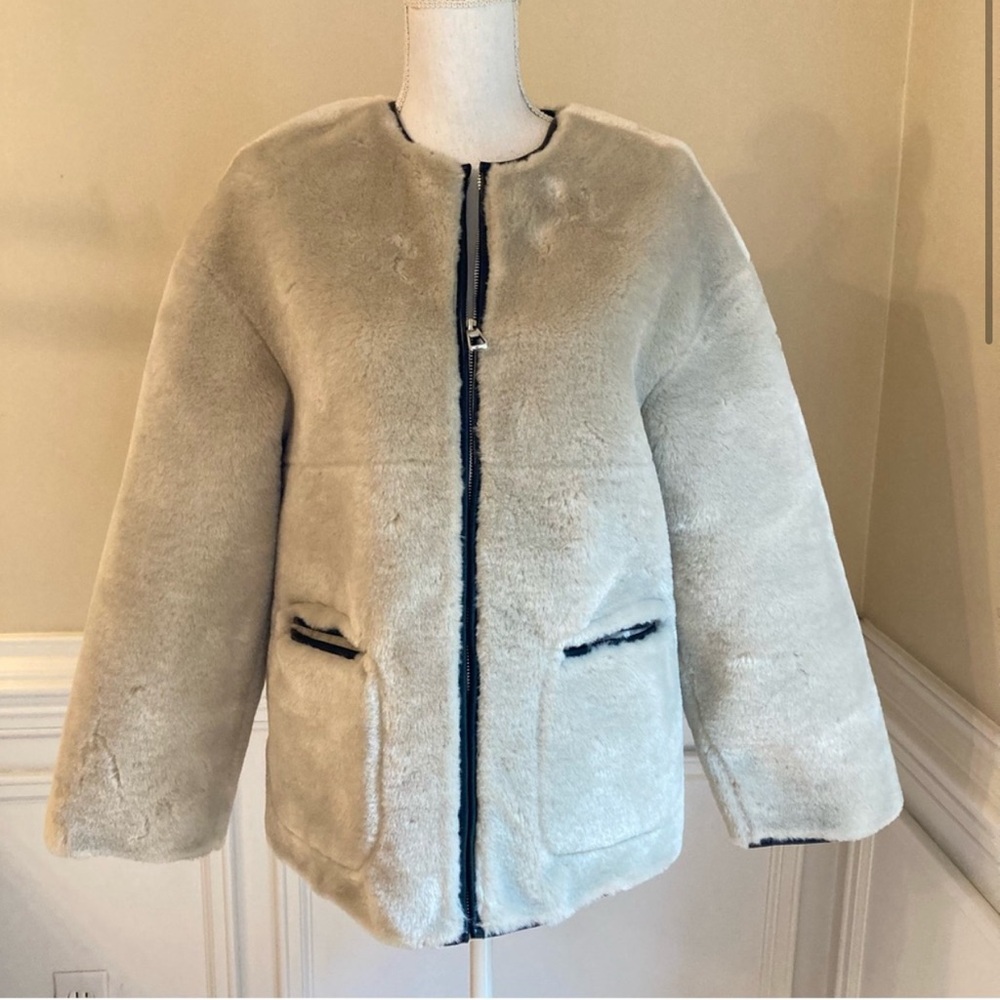NA-KD Bonded Teddy Faux Fur Collarless Jacket Coat Faux Leather Lining NWT